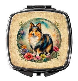 Sheltie and Flowers Compact Mirror Decorative Travel Makeup Mirror for Women Girls Gifts Pocket Makeup Mirror Folding Handheld