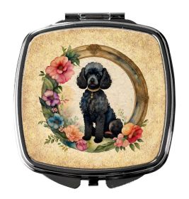 Black Poodle and Flowers Compact Mirror Decorative Travel Makeup Mirror for Women Girls Gifts Pocket Makeup Mirror Folding Handheld