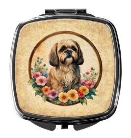 Lhasa Apso and Flowers Compact Mirror Decorative Travel Makeup Mirror for Women Girls Gifts Pocket Makeup Mirror Folding Handheld
