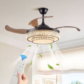 48" Contemporary Crystal LED Retractable Ceiling Fan with Light and Remote Control, 6-Speed Quiet Reversible DC Motor