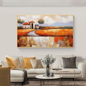 Hand Painted Oil Painting Abstract Village Oil Painting on Canvas Large Wall Art Original Minimalist Orange Landscape Art Custom Painting Boho Li (style: 01, size: 150x220cm)